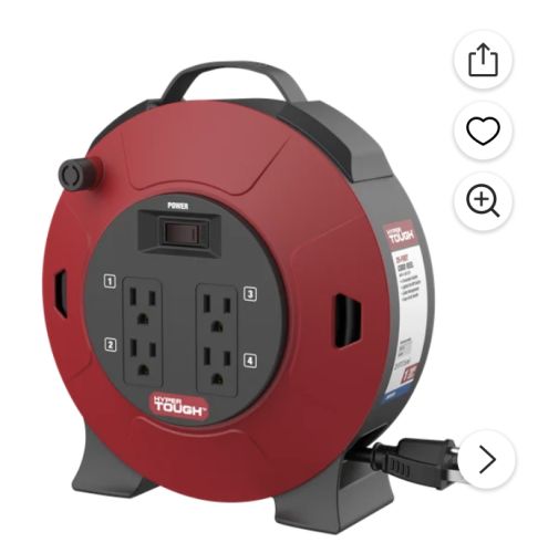 Hyper Tough 25 Ft. Retractable Cord Reel, 4 Outlets, On/off Switch & 